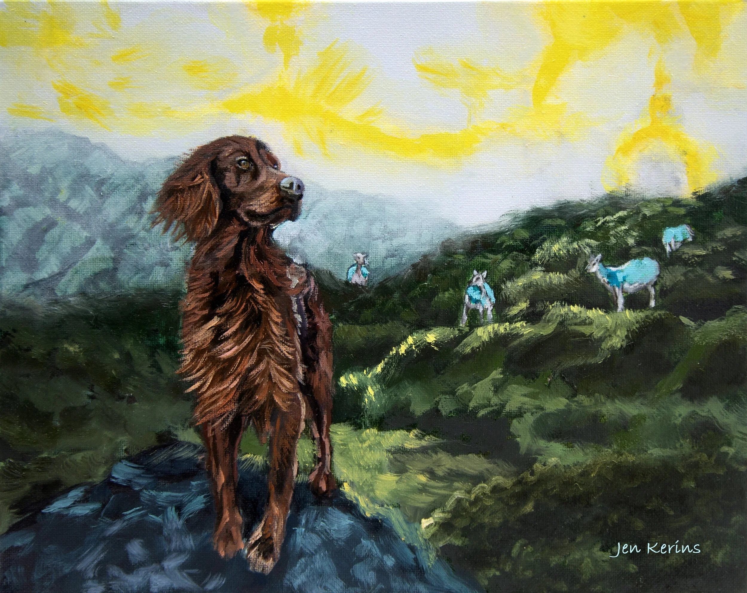 A painting of an Irish red setter dog standing on a rock, looking into the distance, with a landscape of green hills, some sheep in blue coats, and a bright yellow sky with abstract sun rays.