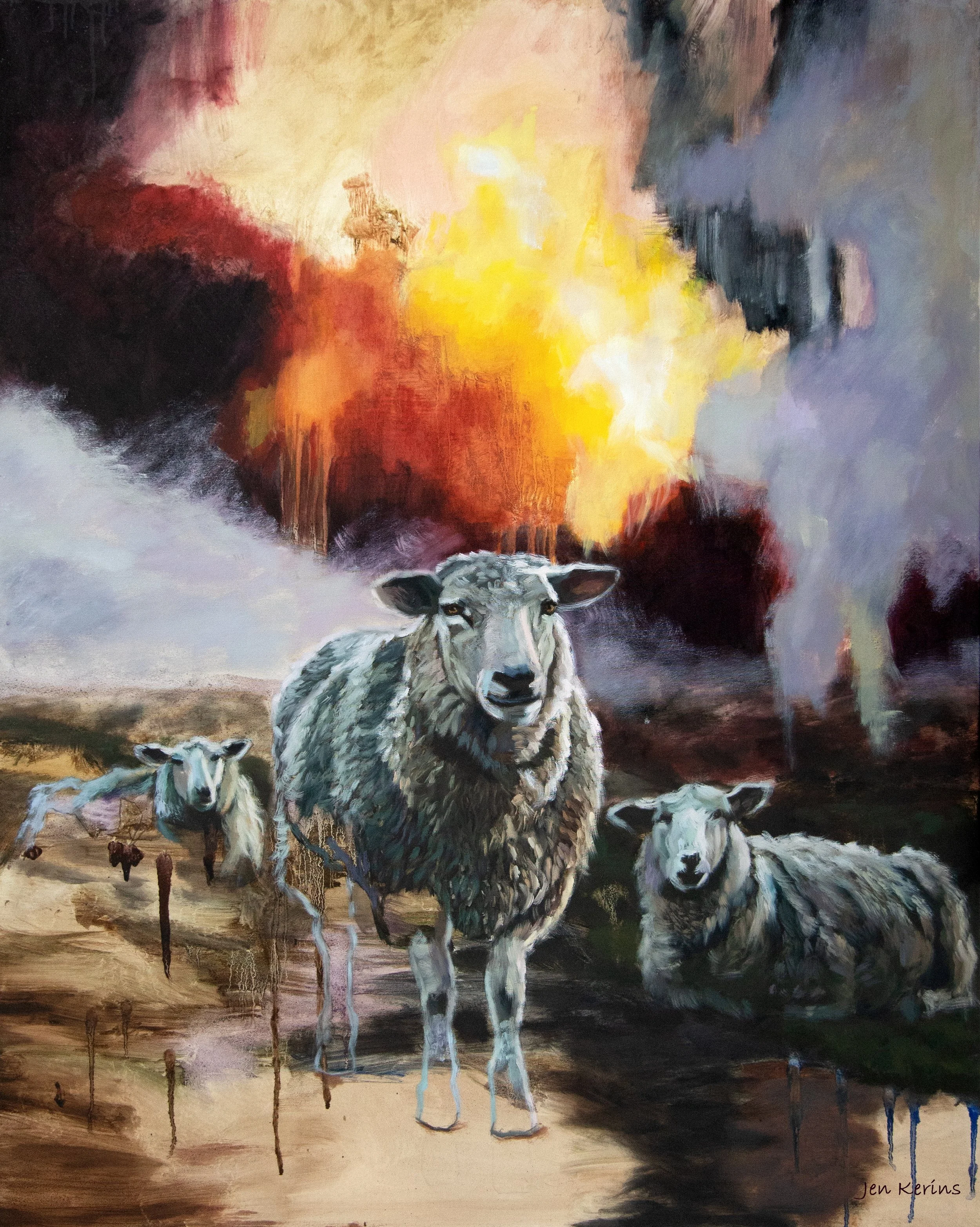 Dramatic painted scene of sheep  in front of a large fire or explosion with smoke and flames in the sky.