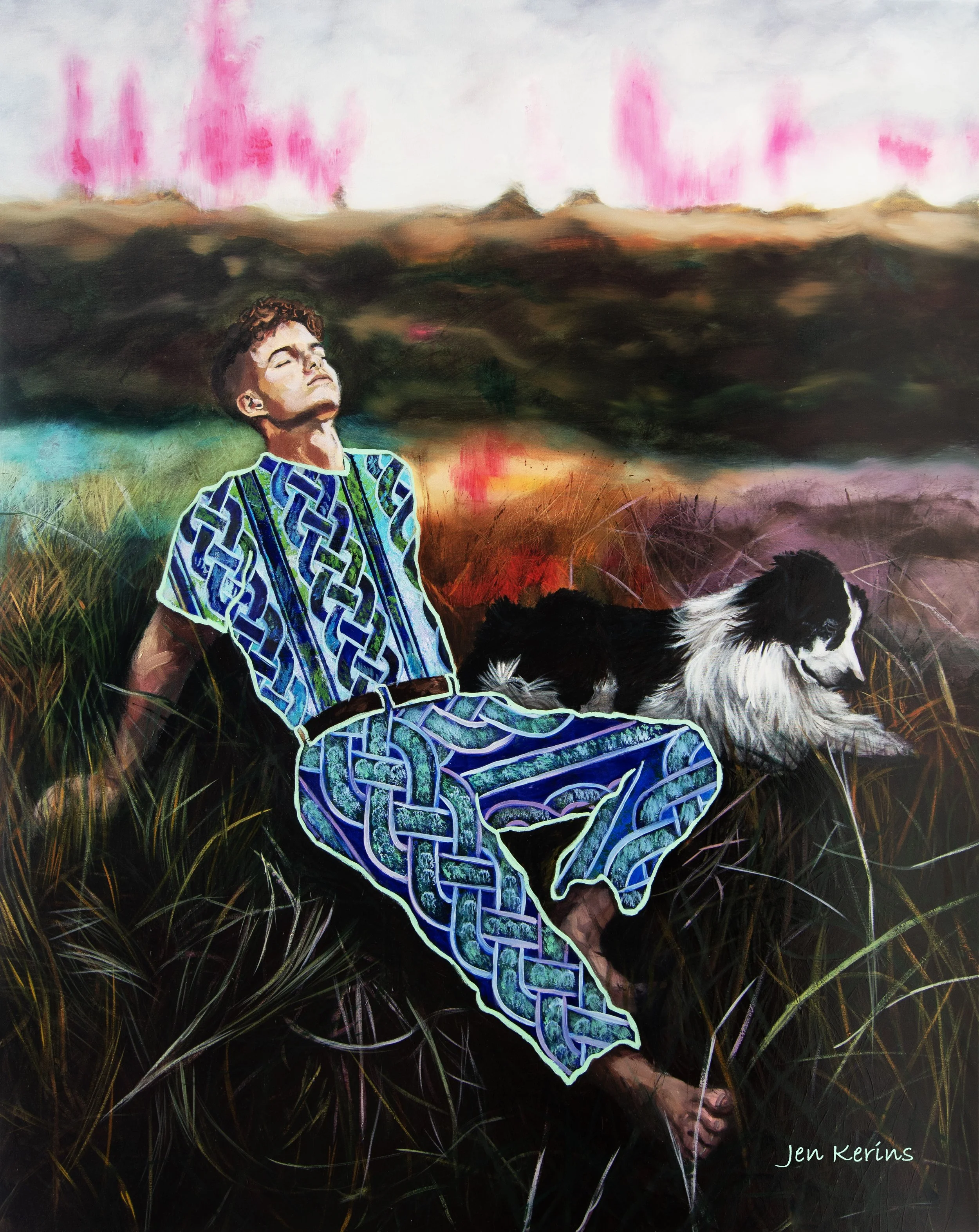 A young boy with closed eyes sitting in tall grass, wearing a blue celtic knotwork outfit, with a black and white sheepdog lying next to him. The background features a colourful, abstract landscape with a mix of pink, orange, green, and dark hues.