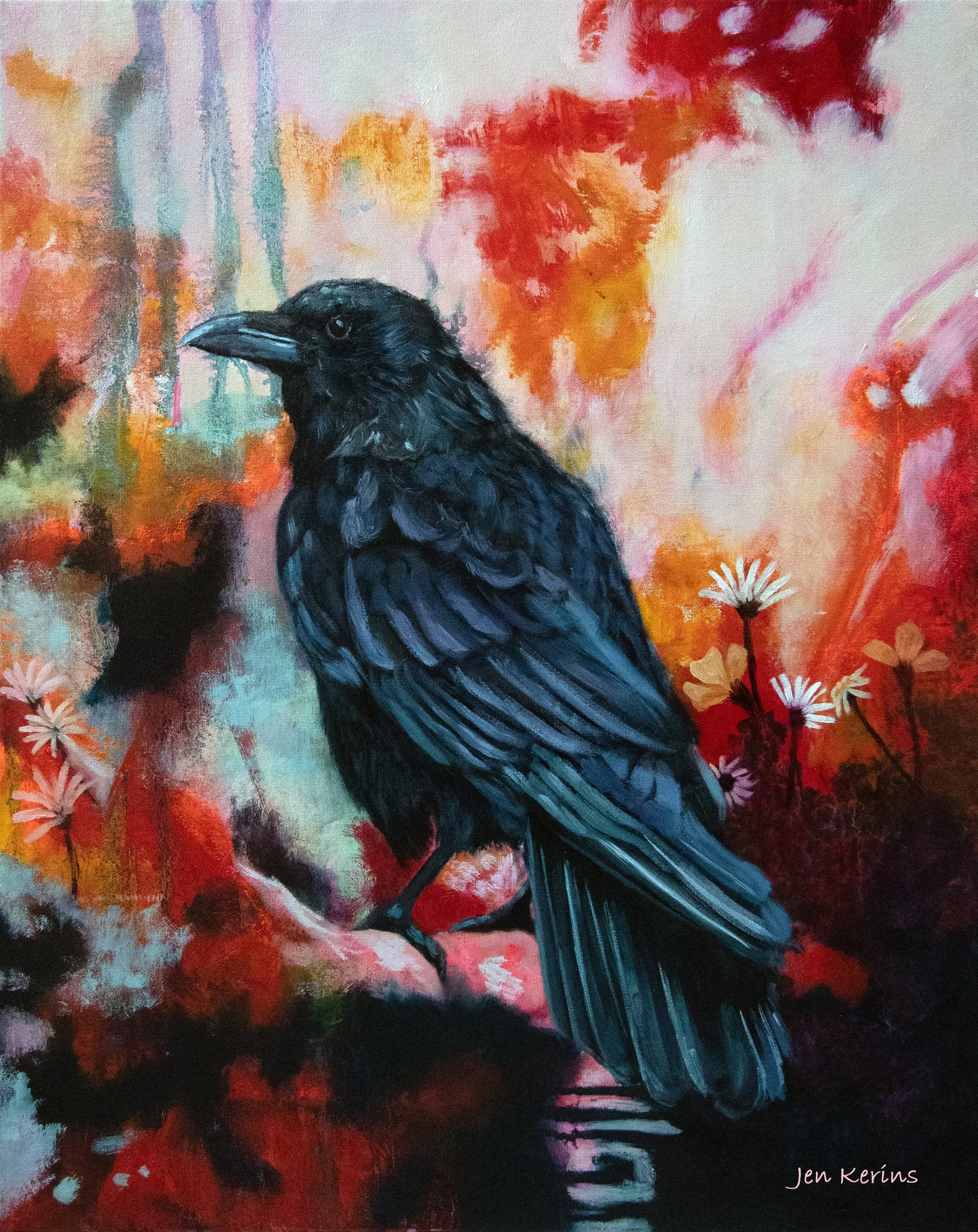 Painting of a black crow perched on a branch with an abstract colourful background of red, orange, pink, and green hues, and white daisies. Signed by Jen Kerins.