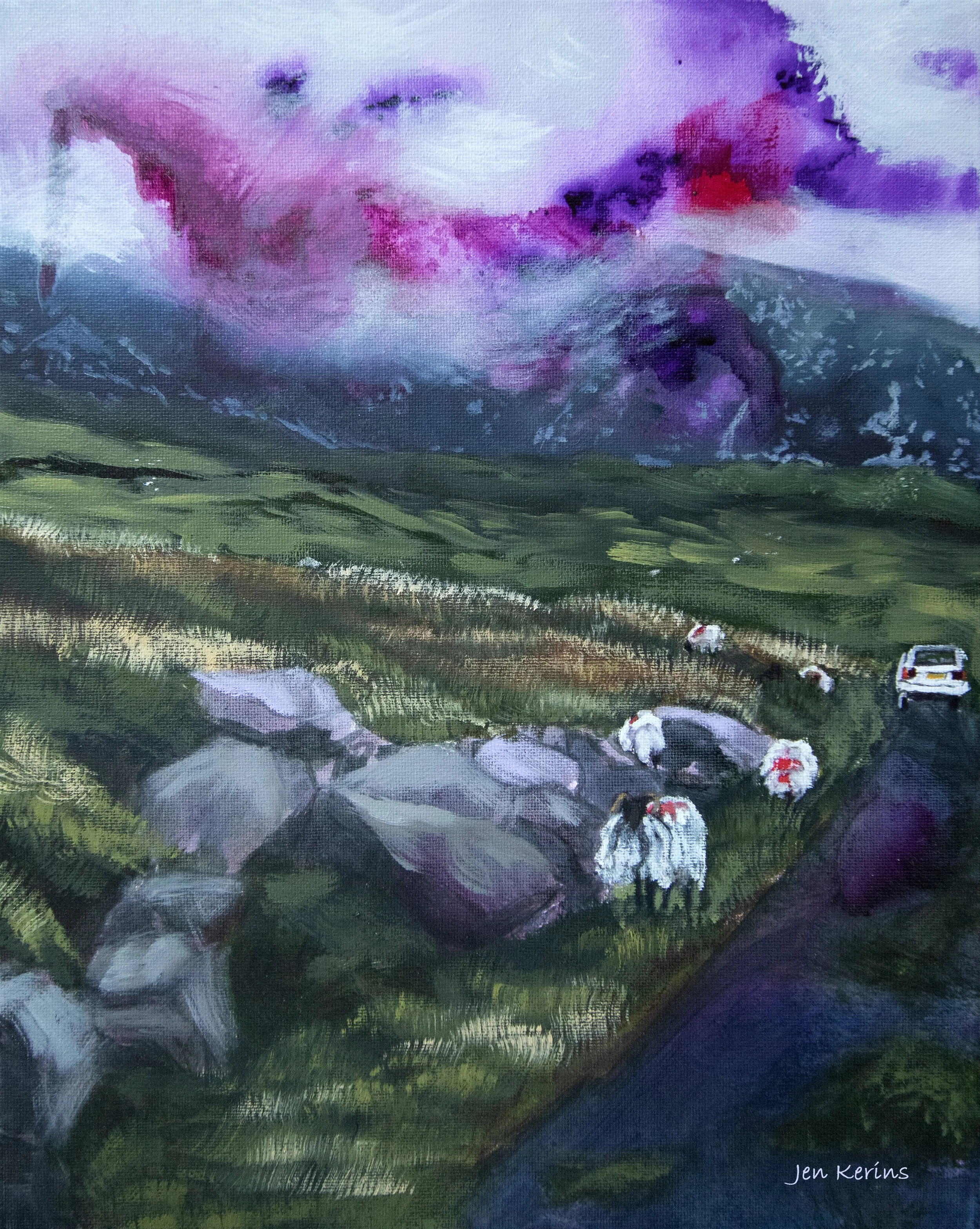 Painting of a mountain landscape with a stormy sky, green hills, large rocks, and a group of sheep near a road with a white car. Artist: Jen Kerins.