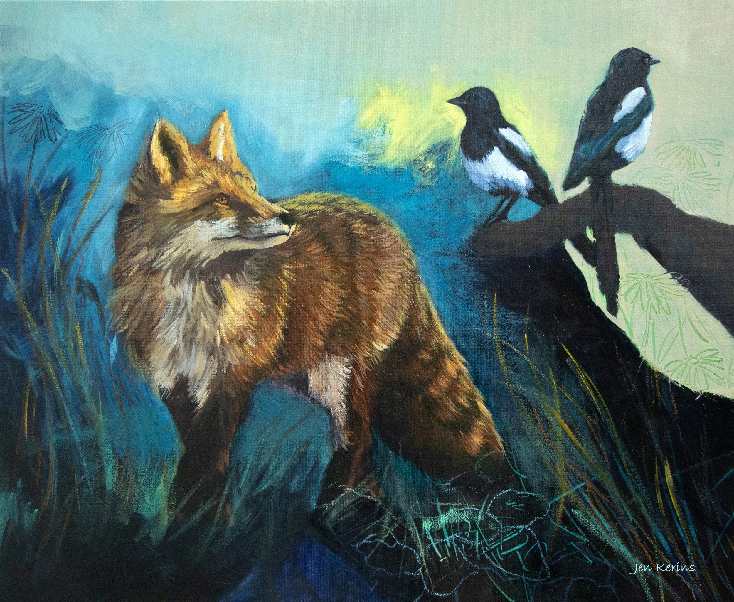 A painting of a fox sitting in tall grass with two magpies perched on a branch nearby against a gradient background of blue and green.