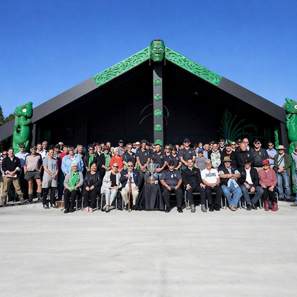 Group of people gathered outdoors in front of a Maori-style building with green carvings and figures, under a blue sky.