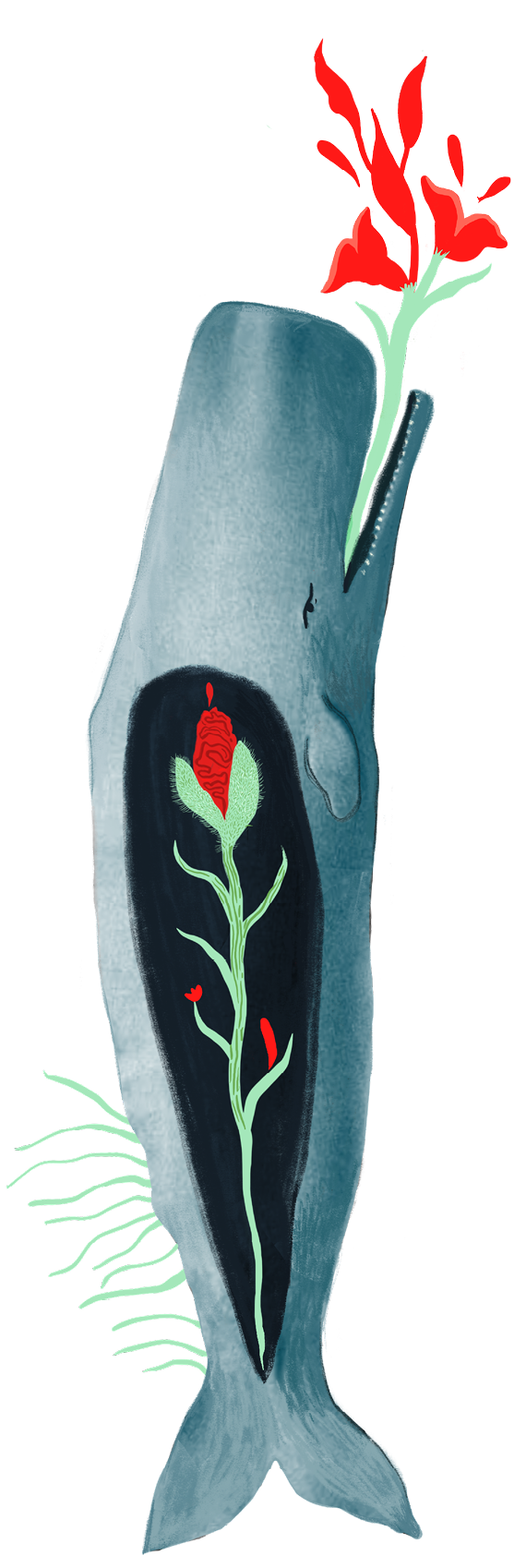 A fishing spear with a red flower growing inside it, symbolizing a connection to nature or life.