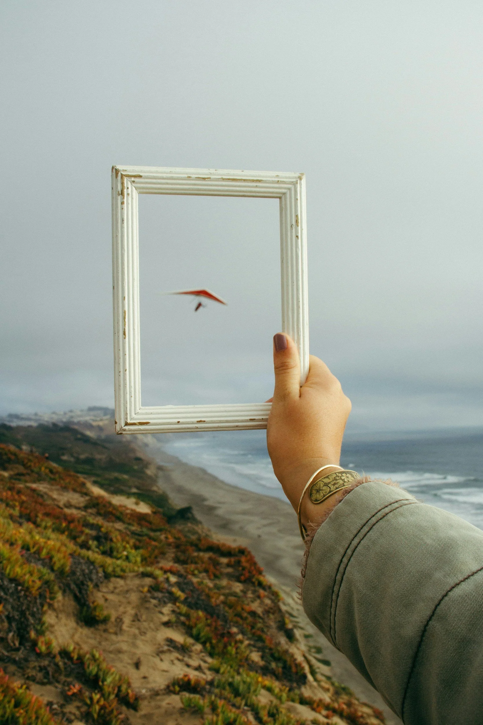A person holding a white picture frame with a small red and white plane in mid-flight inside it, with a coastal landscape and beach in the background.