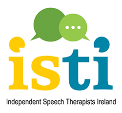 Logo of ISTI, Independent Speech Therapists Ireland, featuring the word 'isti' with speech bubbles above, one green and one blue, and a yellow speech bubble as the dot above the 'i'