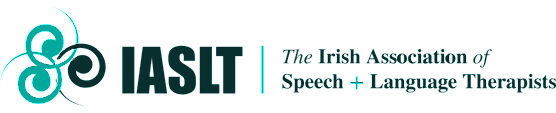 Logo of the Irish Association of Speech and Language Therapists (IASLT) featuring stylized teal and black design and text.
