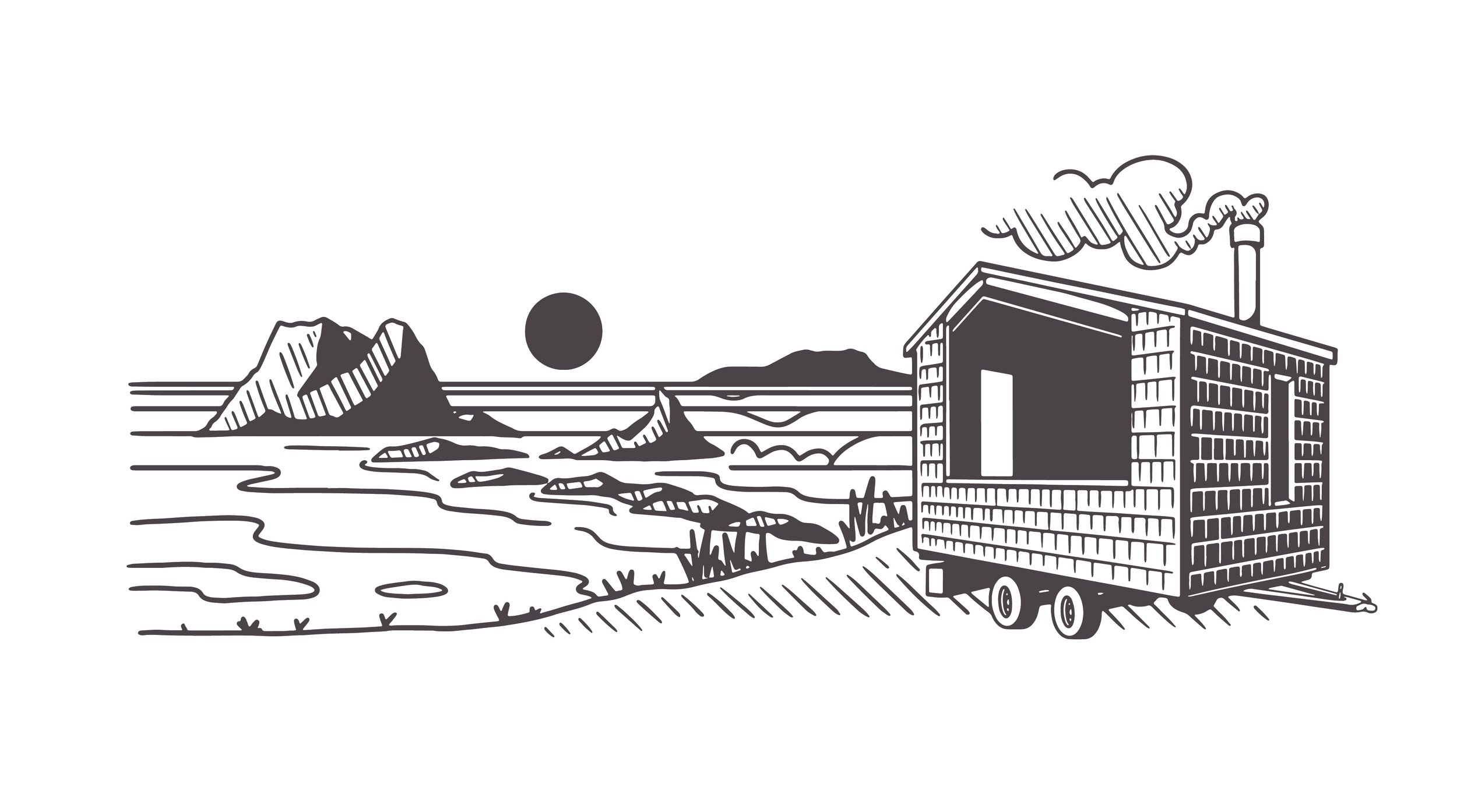 A black and white illustration of the Yutori Sauna parked at Mangawhai Heads Beach.