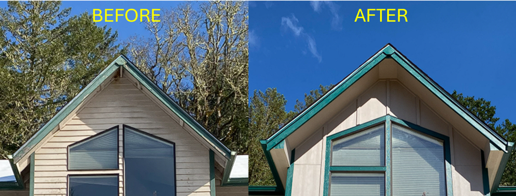 Comparison of a house before and after cleaning and painting.