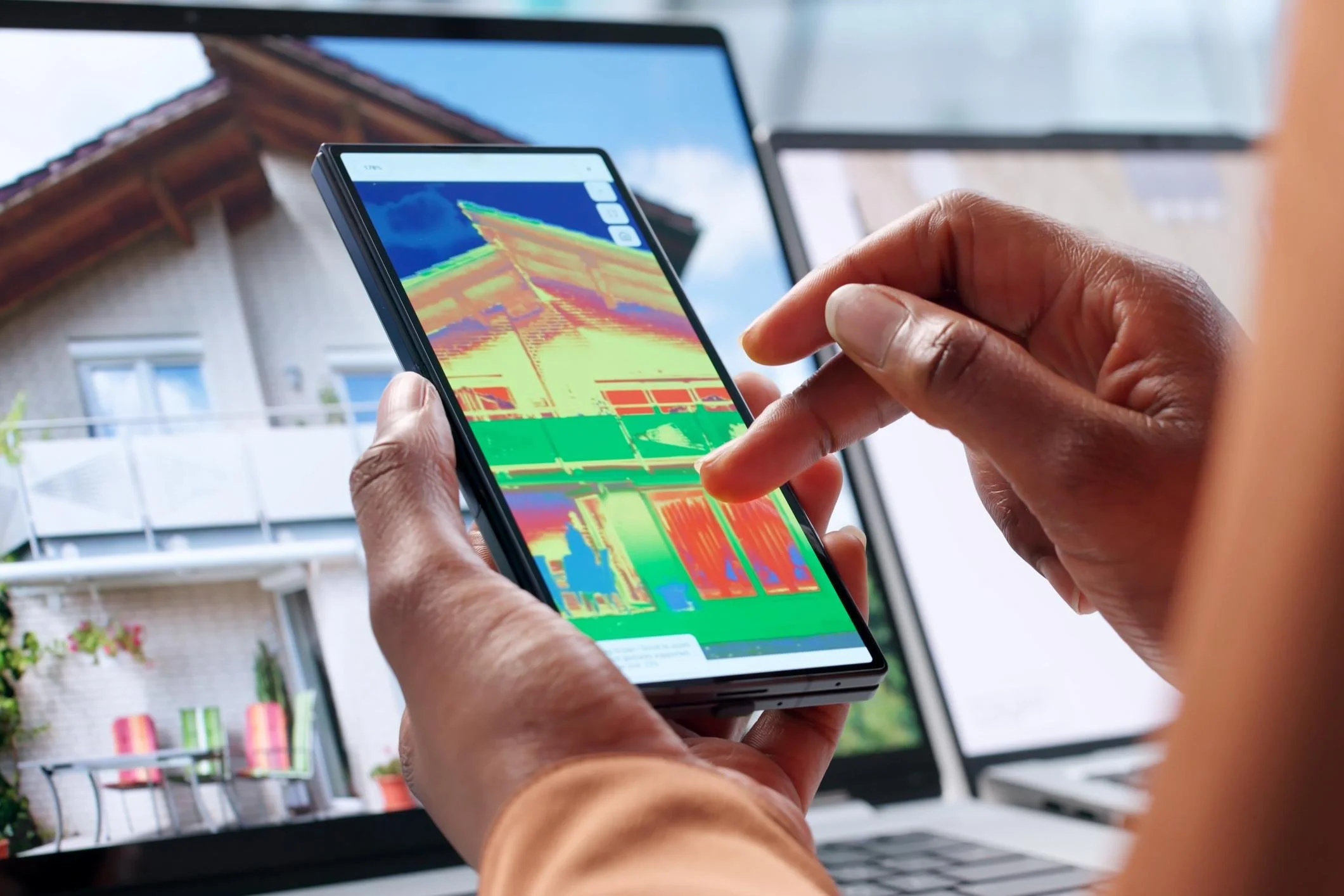 Person holding a smartphone showing a thermal image of a house"s exterior with color-coded temperature zones, in front of a laptop and a computer monitor, outside house with balcony