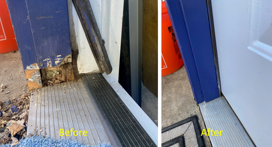 Side-by-side comparison of a door threshold area showing damage in the 'Before' image, with rotten wood and debris, and a restored, clean threshold in the 'After' image.