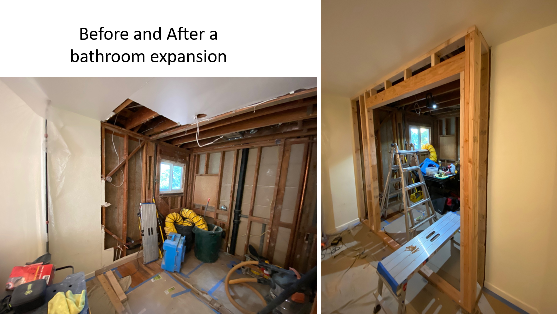 Room under construction with exposed framing, tools, and a window, partially finished wall, and renovation supplies.