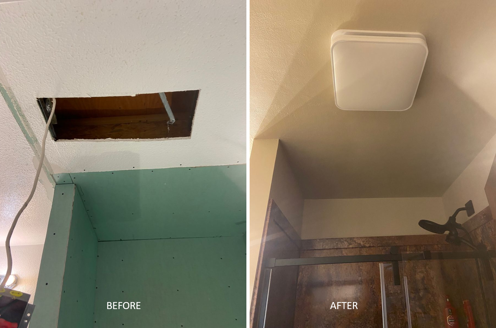 Comparison of a room before and after renovation: left side shows an unfinished wall with a hole in the ceiling and exposed wood, right side shows the same room fully finished with painted walls, a ceiling light fixture, and a glass door.