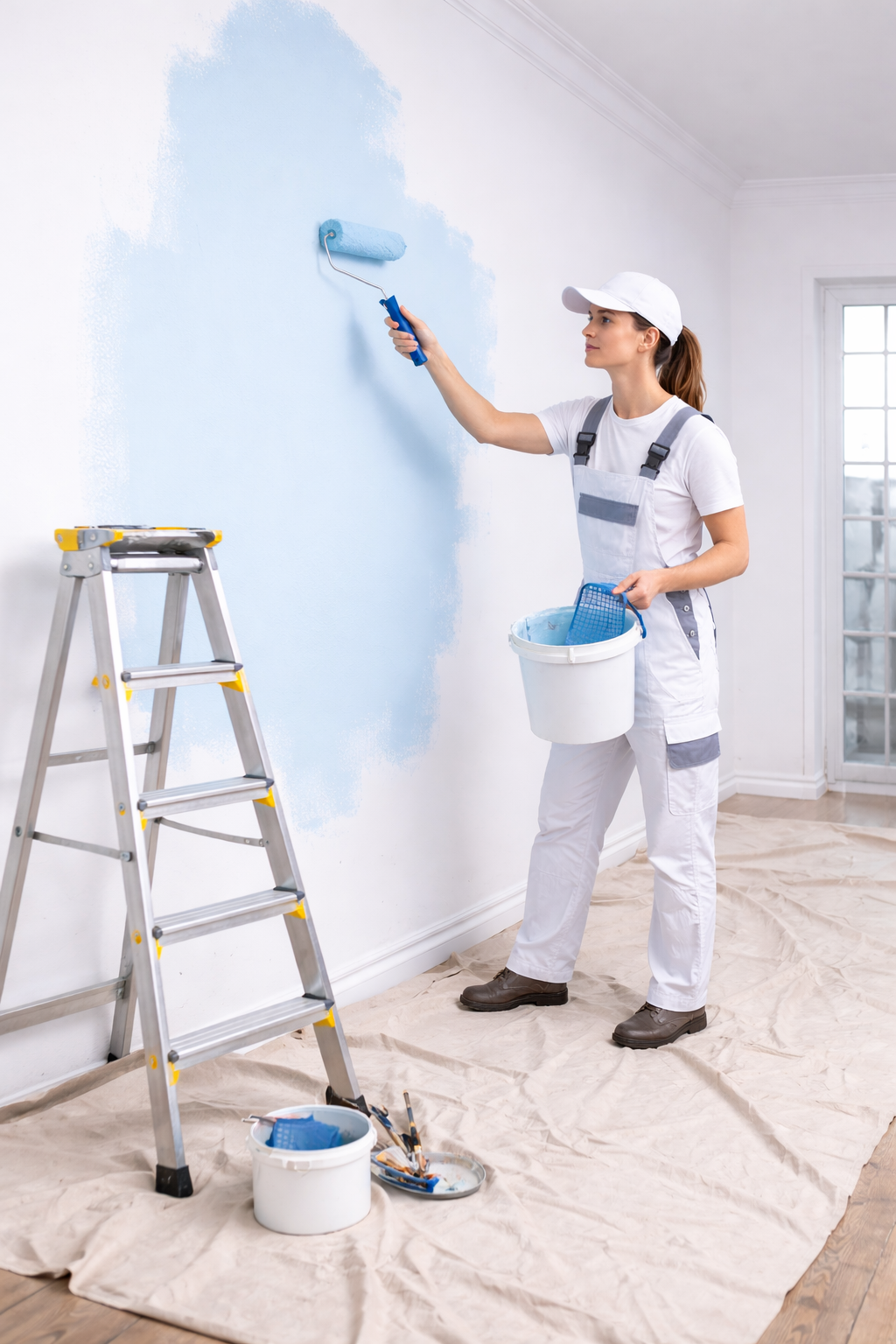 Woman painting a wall light blue with a roller brush indoors, wearing work overalls and a white cap, standing on a plastic sheet, with a ladder and paint supplies nearby.