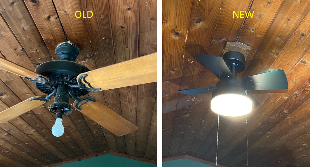 Comparison of an old ceiling fan with a new ceiling fan installed on a wooden ceiling.