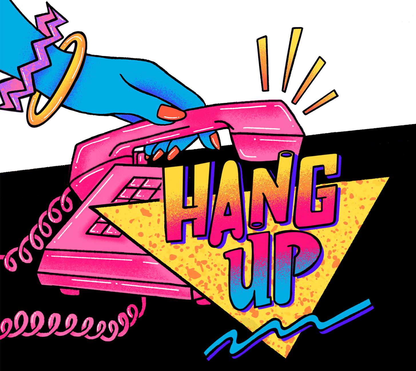 A colorful illustration of a hand with red nails holding a pink vintage rotary phone, with the words 'HANG UP' in bold, colorful letters on a yellow triangle in front of the phone.