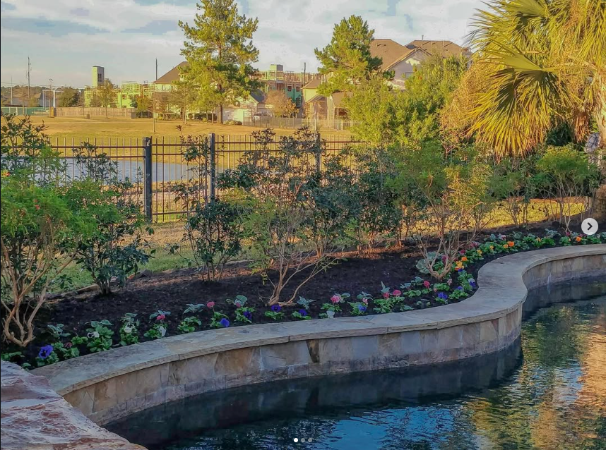 A landscaped backyard with a stone-bordered pond, flowering plants, shrubs, and trees, with a fence and open field visible in the background.