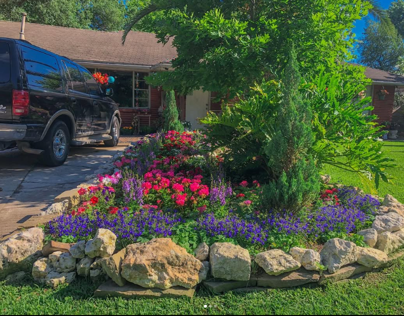 Colorful flower bed with pink, purple, and red flowers surrounded by rocks, in front of a house with a black van parked nearby.