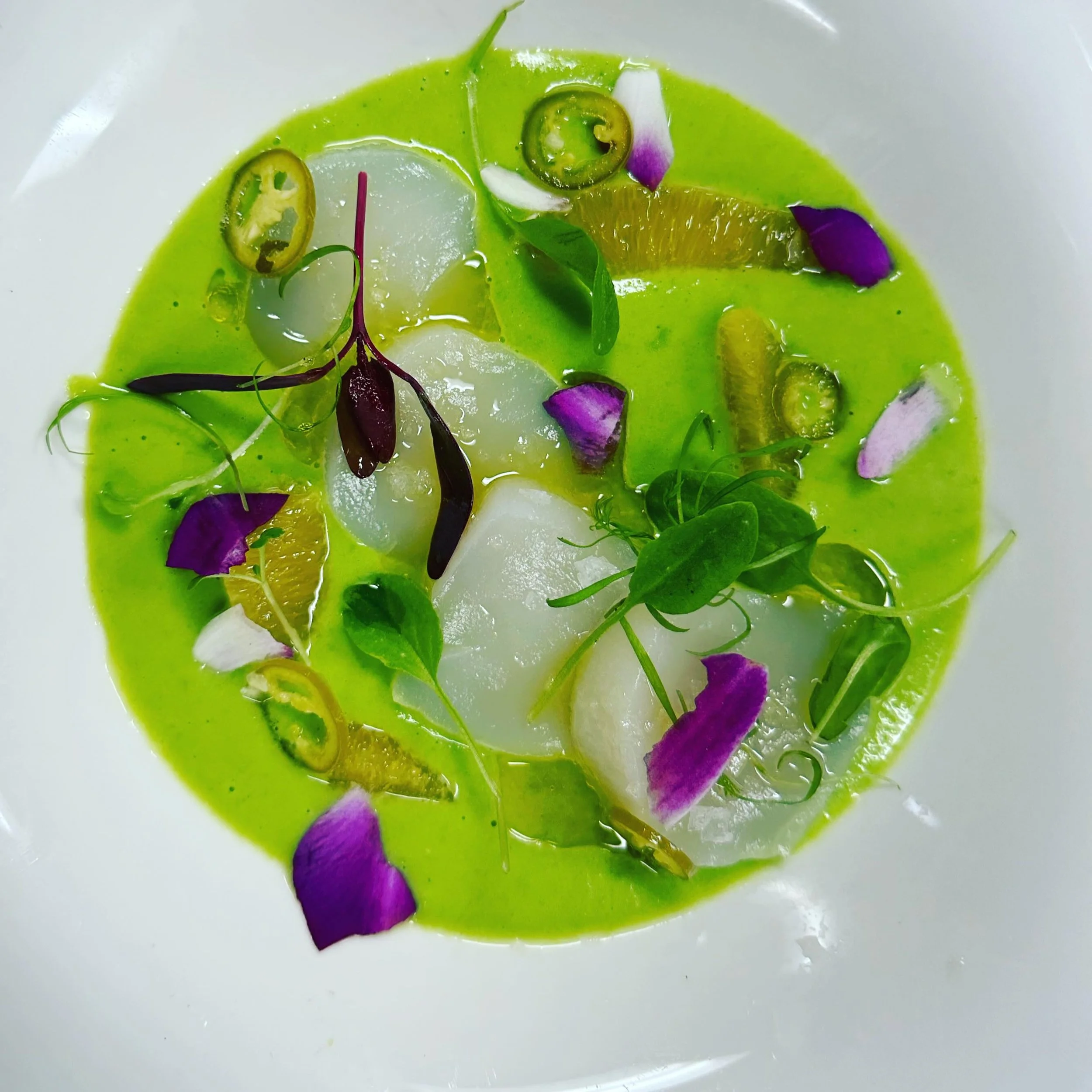 Not every dish needs fire to leave a mark.

Delicate scallops, vibrant spring vegetables, citrus, and herbs-built around freshness, balance, and restraint.

At Strata, every plate is designed to tell a story through seasonality, technique, and ingred