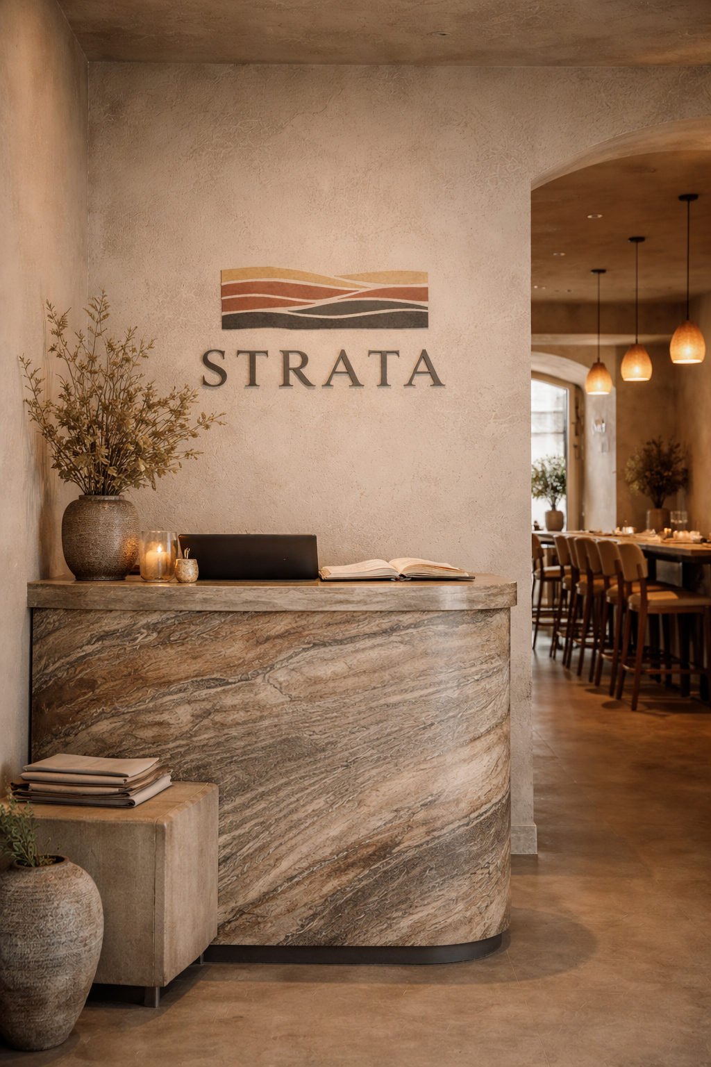 Concept rendering of Strata’s interior, designed as a warm, modern dining space focused on hospitality, craftsmanship, and atmosphere.