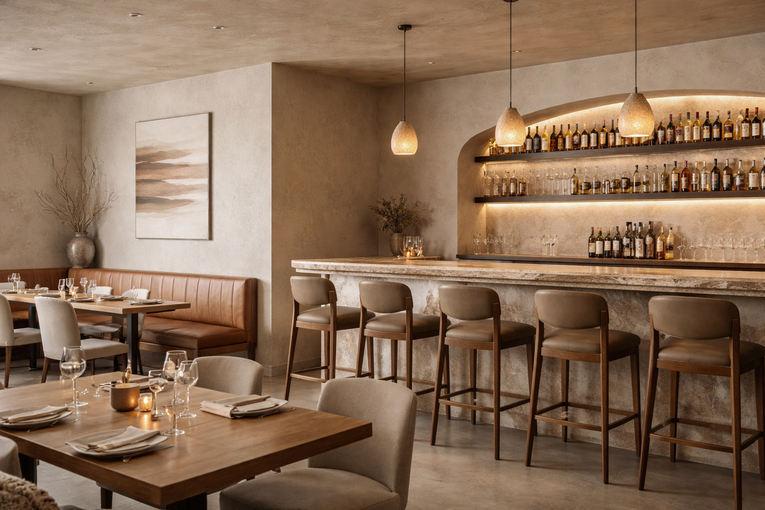 Concept rendering of Strata’s dining room, featuring warm materials, natural tones, and a refined atmosphere designed for modern, chef-driven dining.
