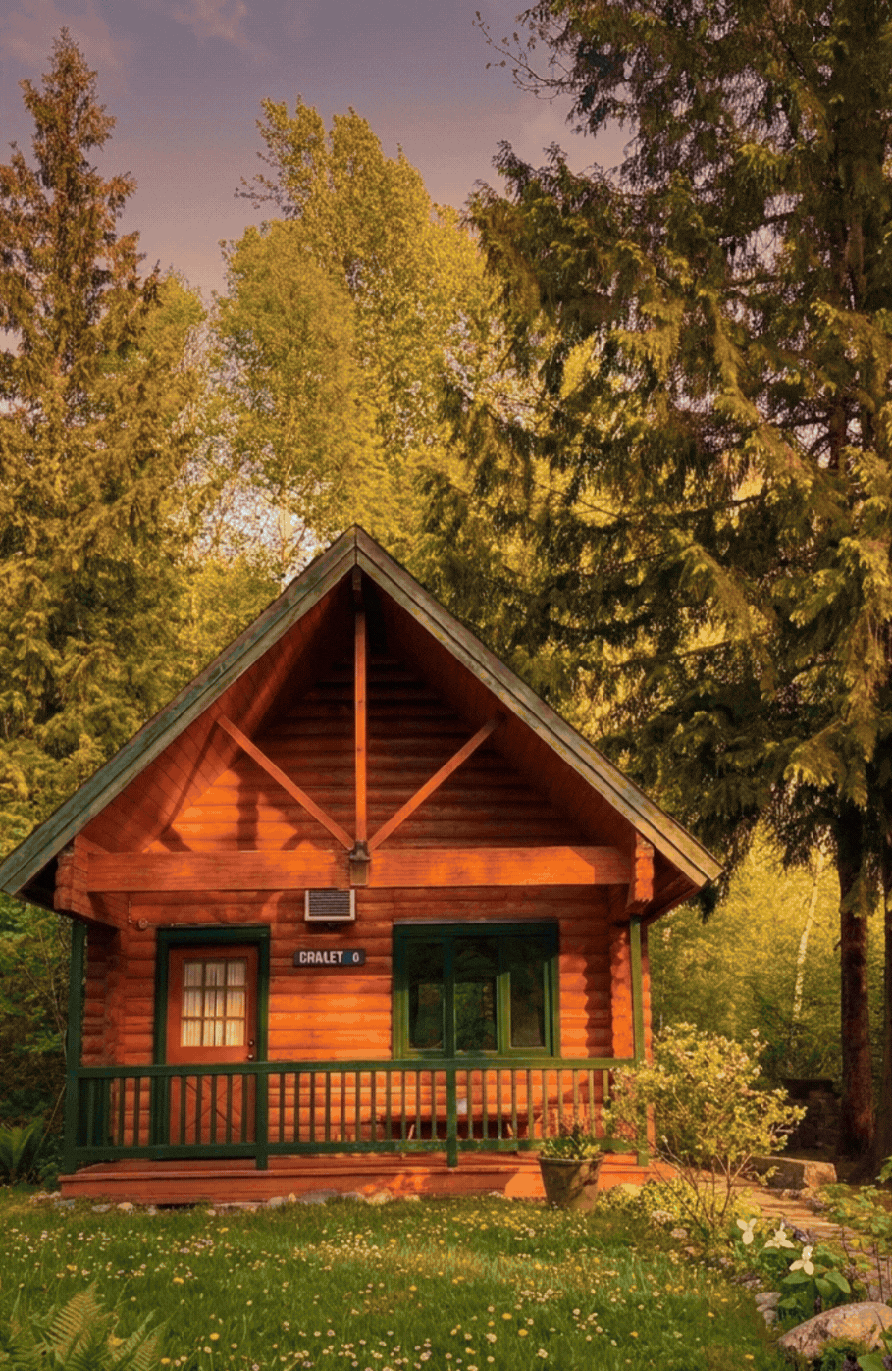 A wooden cabin with a green railing surrounded by trees and flowers, bathed in warm sunlight.