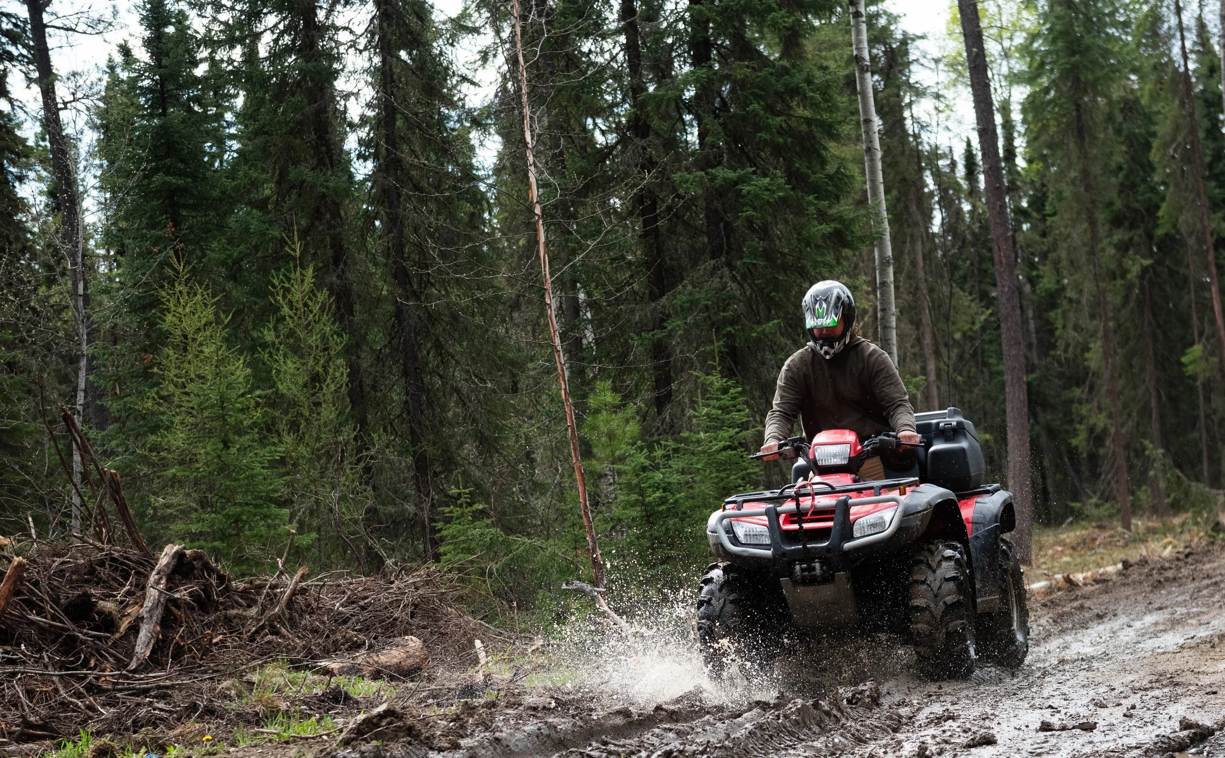 Person riding an ATV through a muddy forest trail surrounded by tall evergreen trees.
