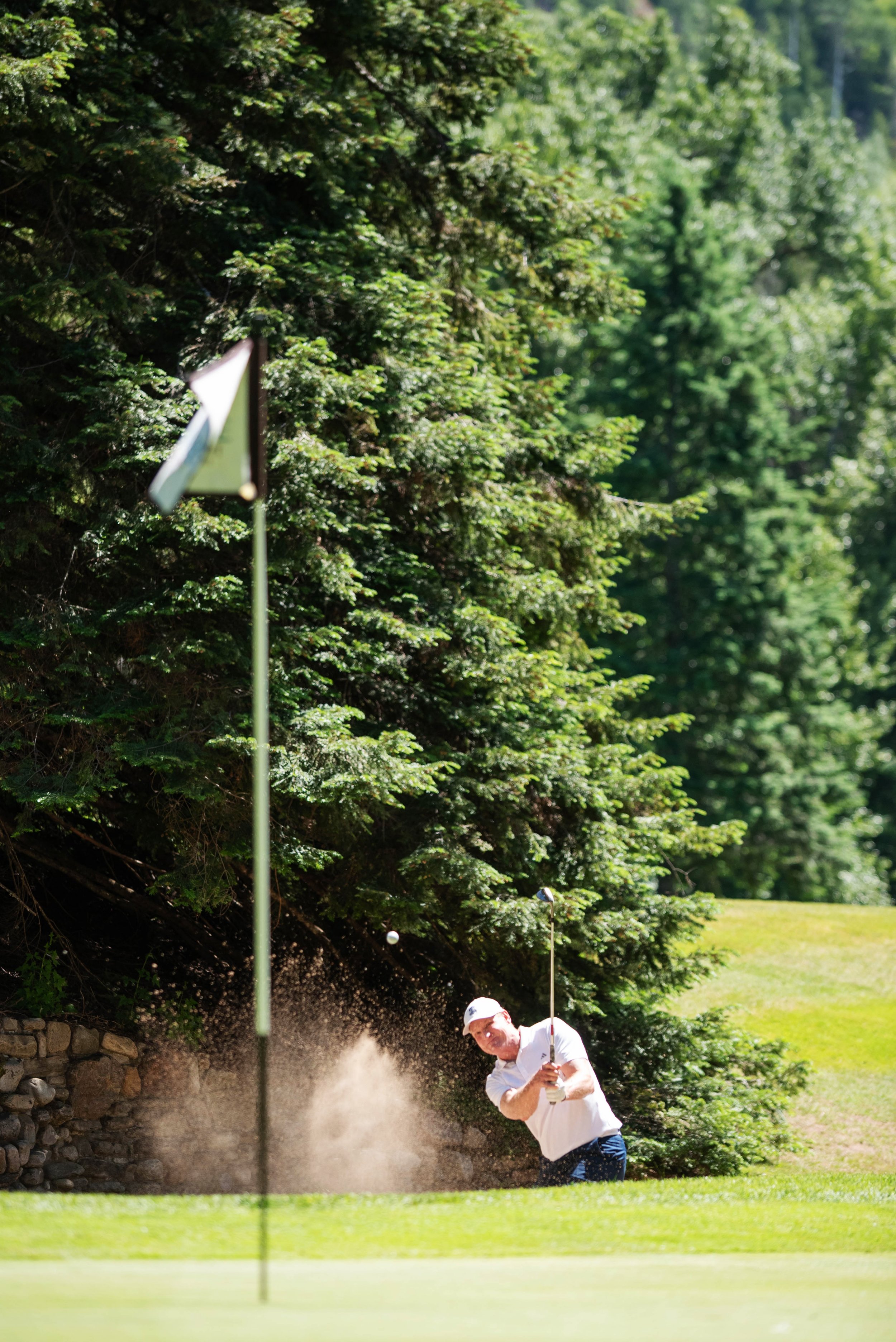 A man playing golf, hitting a ball out of a bunker on a golf course with tall trees in the background.