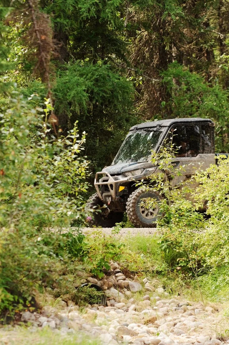 A black all-terrain off-road vehicle navigating through a forest trail with rocks and green bushes.