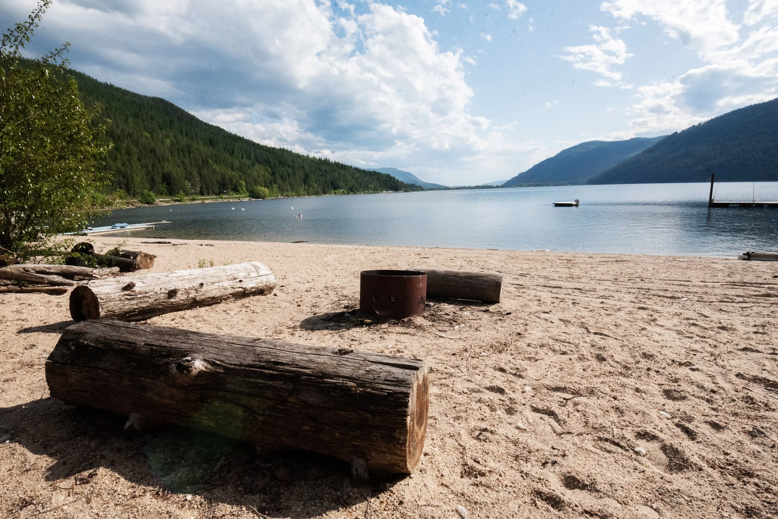 A lakeside beach with large driftwood logs on sandy shore, calm water, forested hills in the background, and partly cloudy sky.