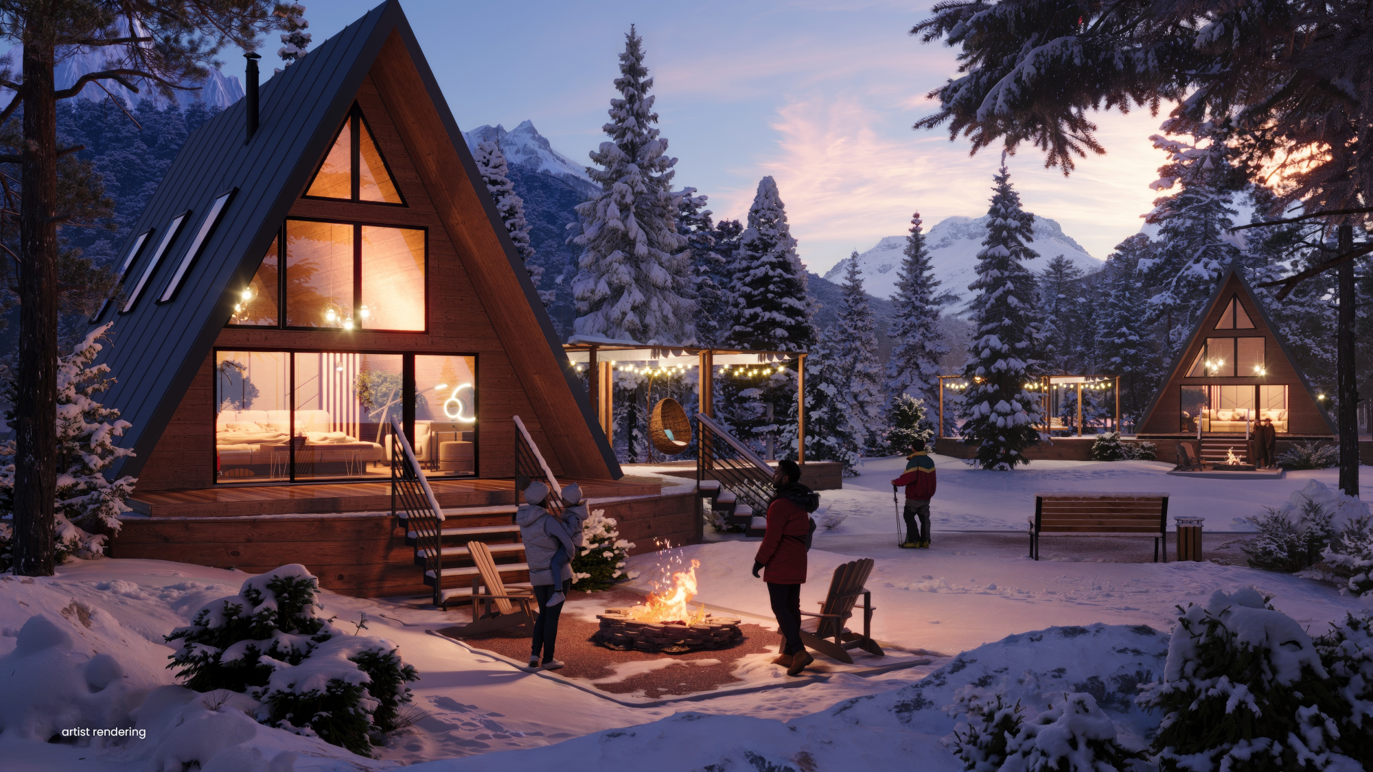 A winter scene with two A-frame cabins in a snow-covered forest at dusThe cabins have large glass windows and warm lighting. People are gathered outside around a fire pit, enjoying the outdoors. String lights hang over a wooden deck, and snowy mountains rise in the background.
