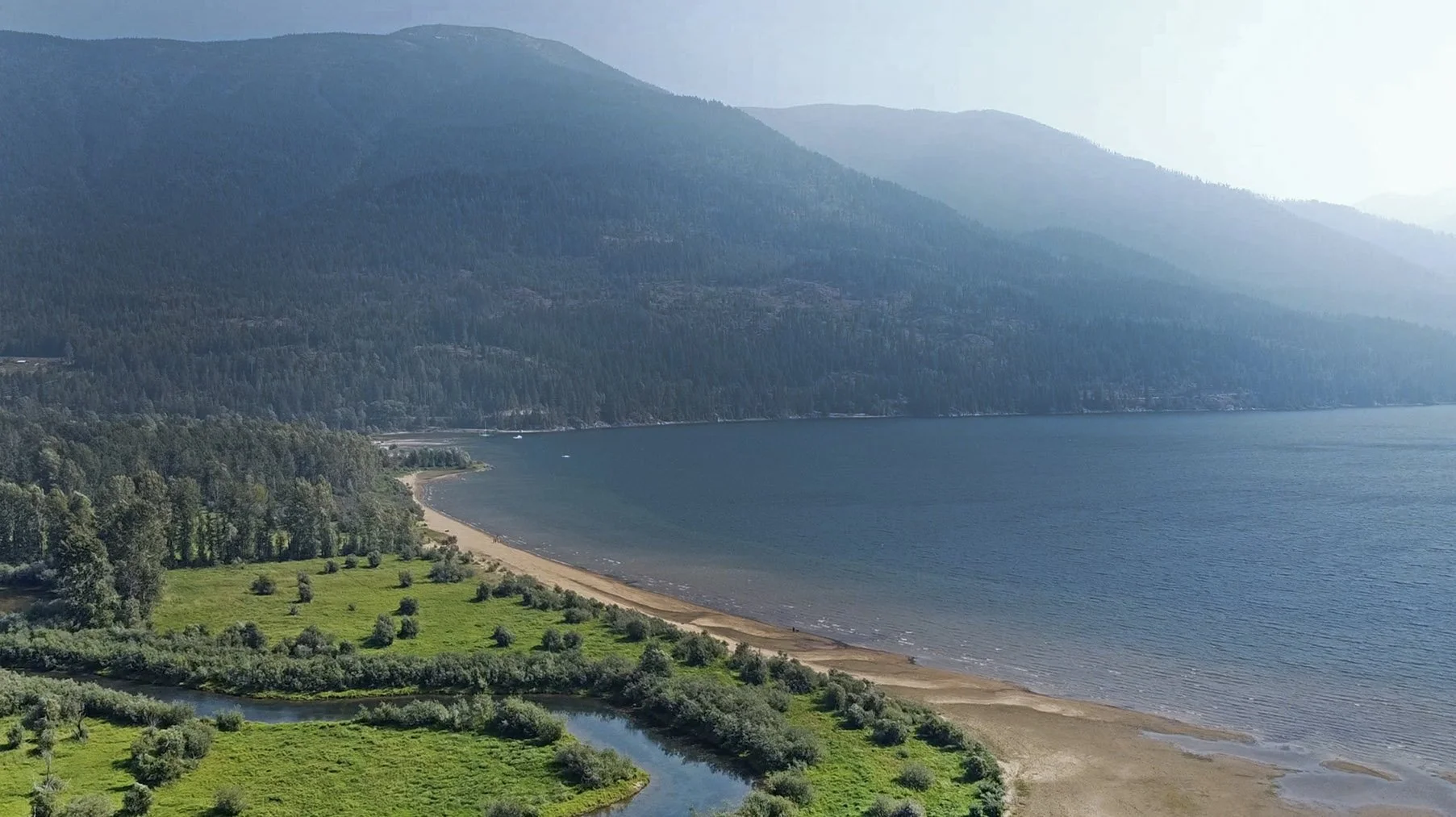 A scenic landscape of a lake with a sandy beach, surrounded by green trees and grass, with tall forested mountains in the background at Kokanee Springs REsort