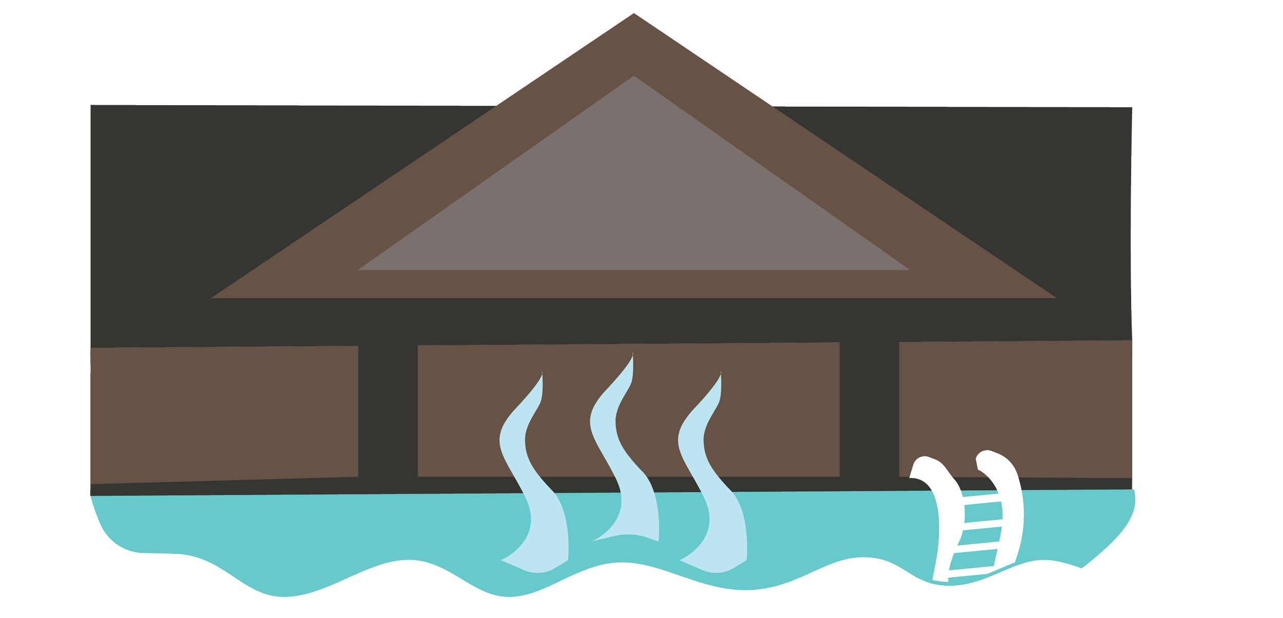Illustration of a house emitting heat with steam rising from the chimney and water with steam underneath, and a ladder on the right side.