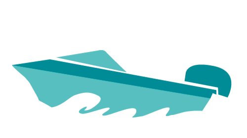 A stylized illustration of a boat with a sail and a curved hull.