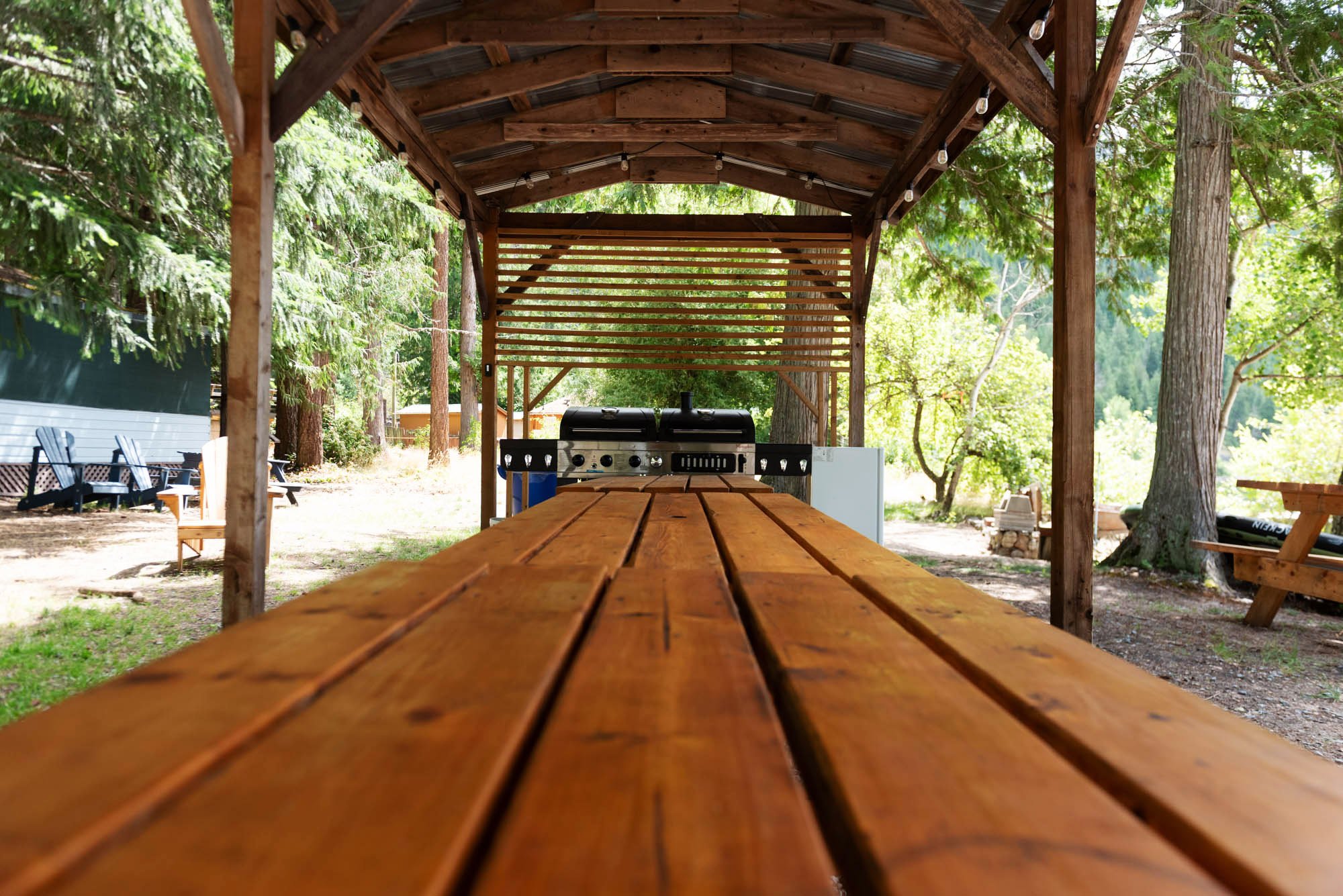 A long wooden picnic table under a wooden canopy with string lights, surrounded by trees and outdoor seating.