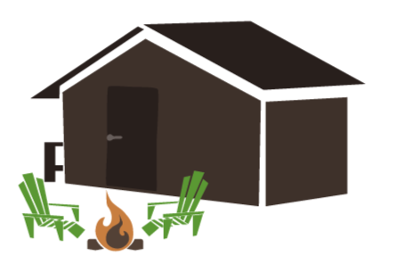 A small wooden cabin with a black door and a sloped roof, surrounded by green grass and plants, with a campfire in front of it.