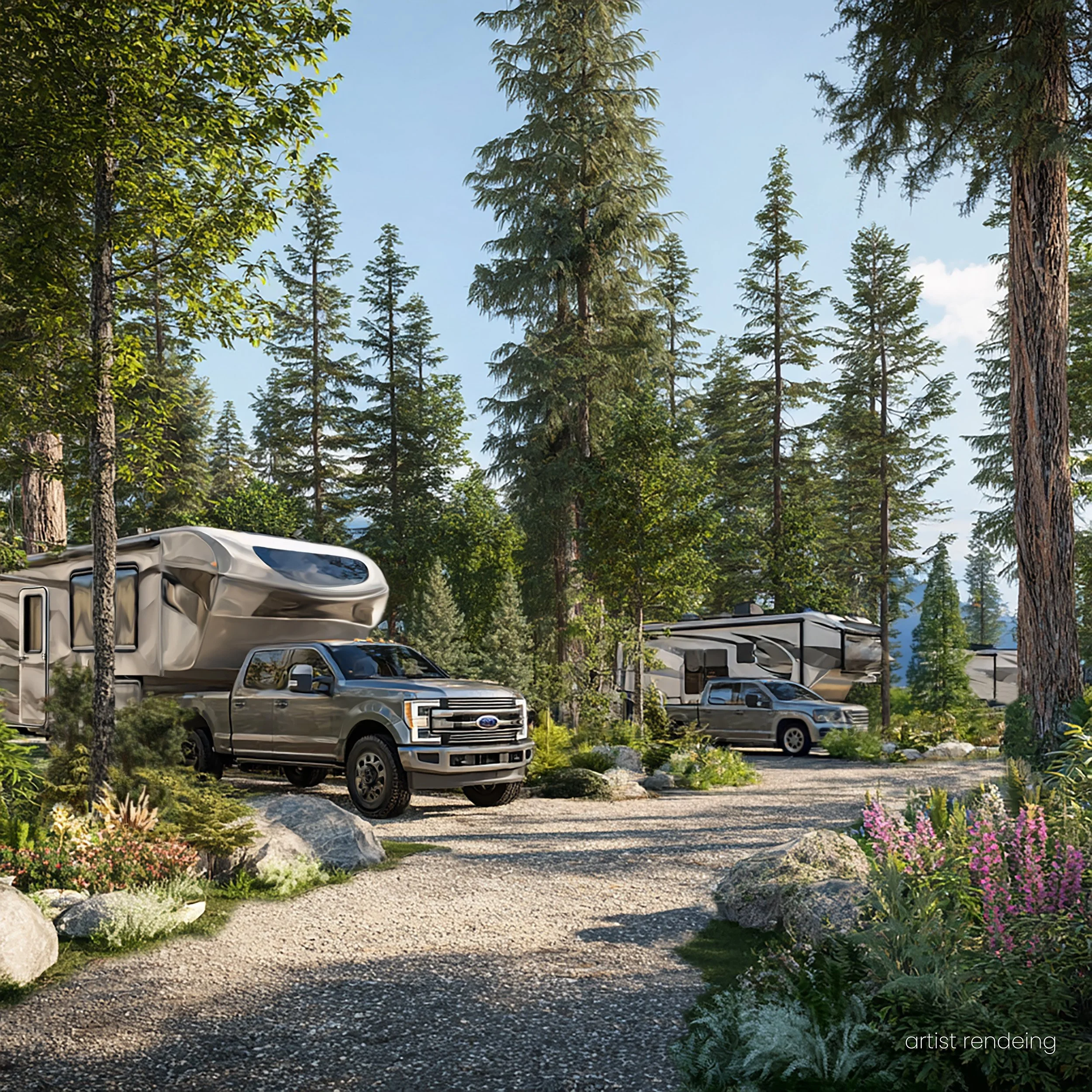 A scenic outdoor camping area in a forest with tall pine trees, a gravel pathway, and several parked RVs and trucks. The background features a clear blue sky and lush green foliage.