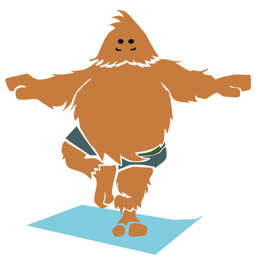 Cartoon Bigfoot walking on a illuminated blue square, arms outstretched, wearing shorts, with a smiling face and shaggy brown fur.