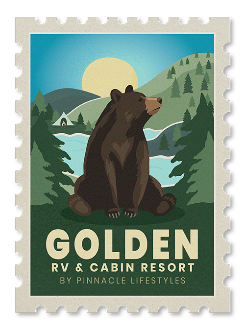 Illustration of a bear sitting in a forest landscape with mountains, a river, and a sunrise or sunset in the background, promoting Golden RV & Cabin Resort.