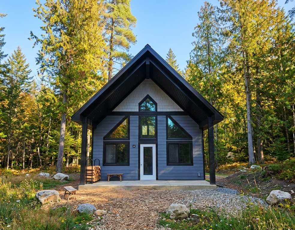 A modern, dark blue A-frame cabin with large windows, set in a forested area with green and yellow foliage, surrounded by rocks and natural greenery.