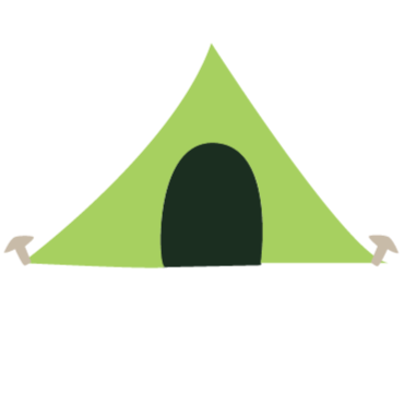 A green camping tent with a black entrance, set against a black background.