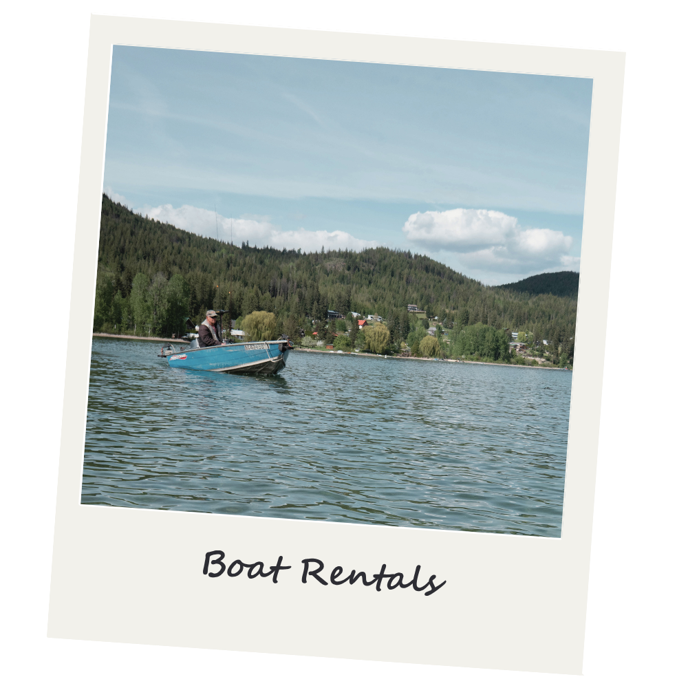 A person in a blue boat on a lake with a forested hillside and houses in the background, under a partly cloudy sky. The photo has a Polaroid style with the caption "Boat Rentals".