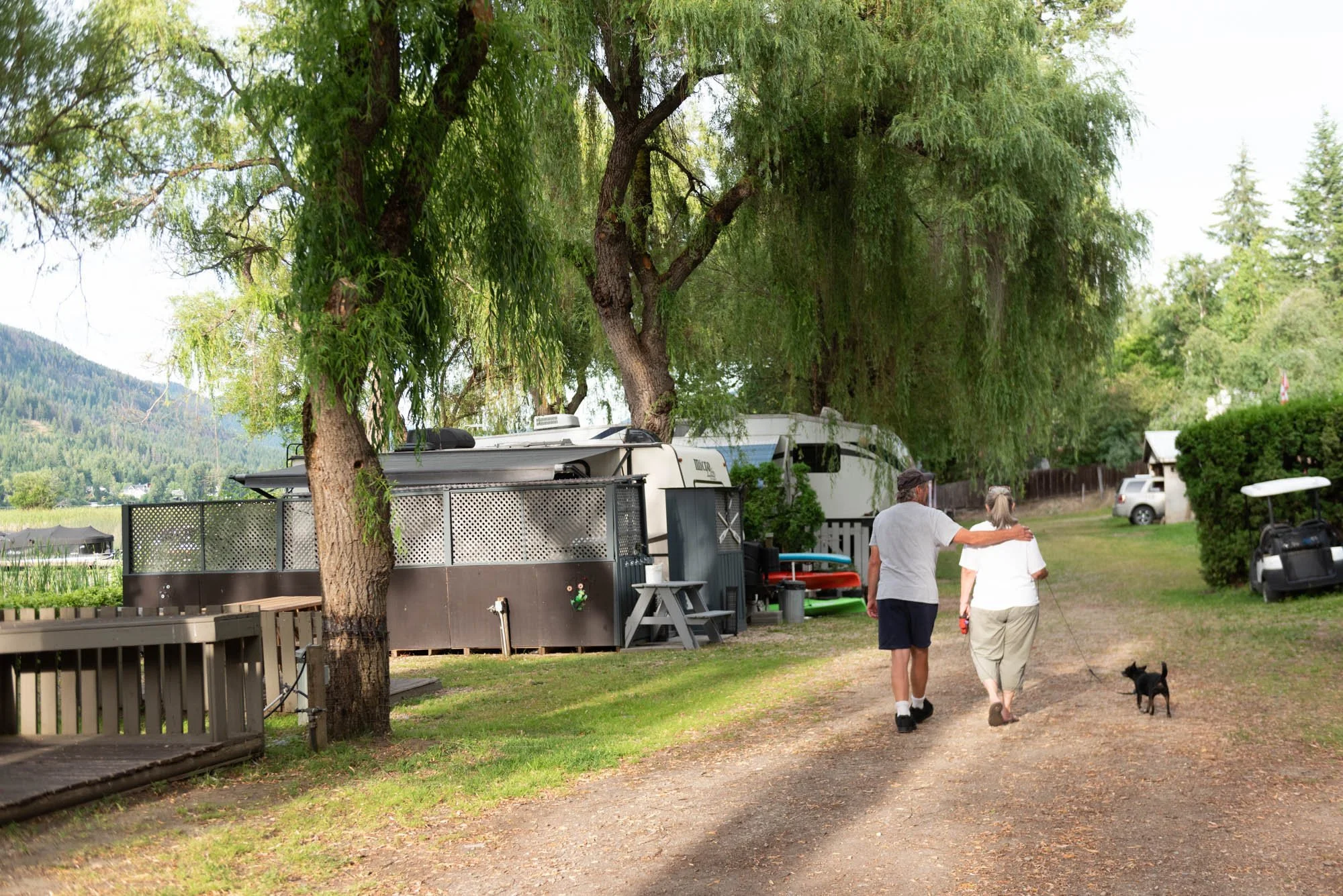 Two people walking a small dog down a gravel path in a backyard with a large tree, a fence, a trailer, and an open yard area with a mountain in the background.