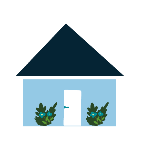 Illustration of a house with a dark roof, light blue walls, white door, and two green bushes with blue flowers in front.