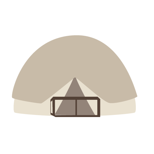 A beige and brown camping tent with a single door, set against a black background.