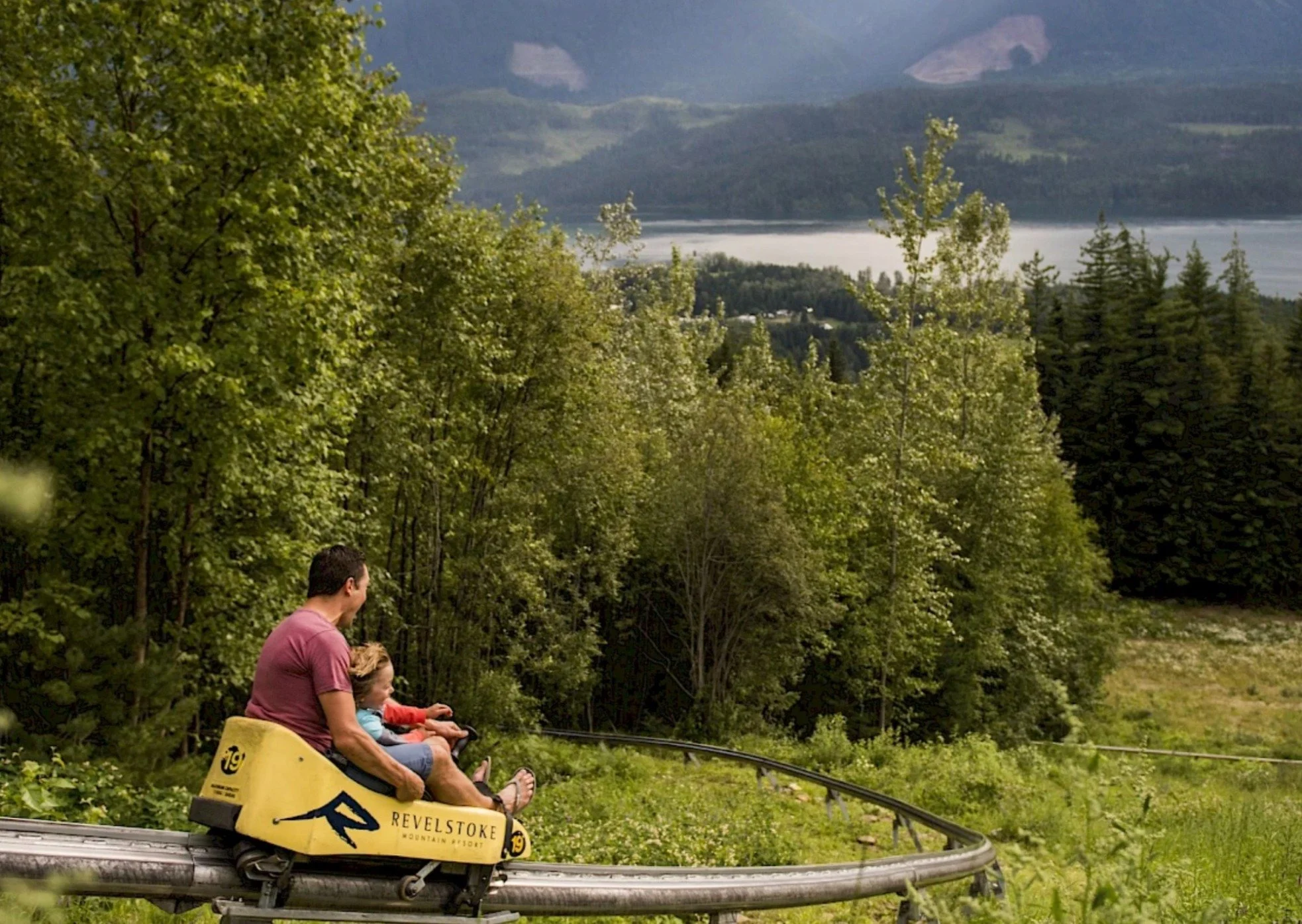 People riding a mountain coaster through a lush green forest with a lake and mountains in the background.