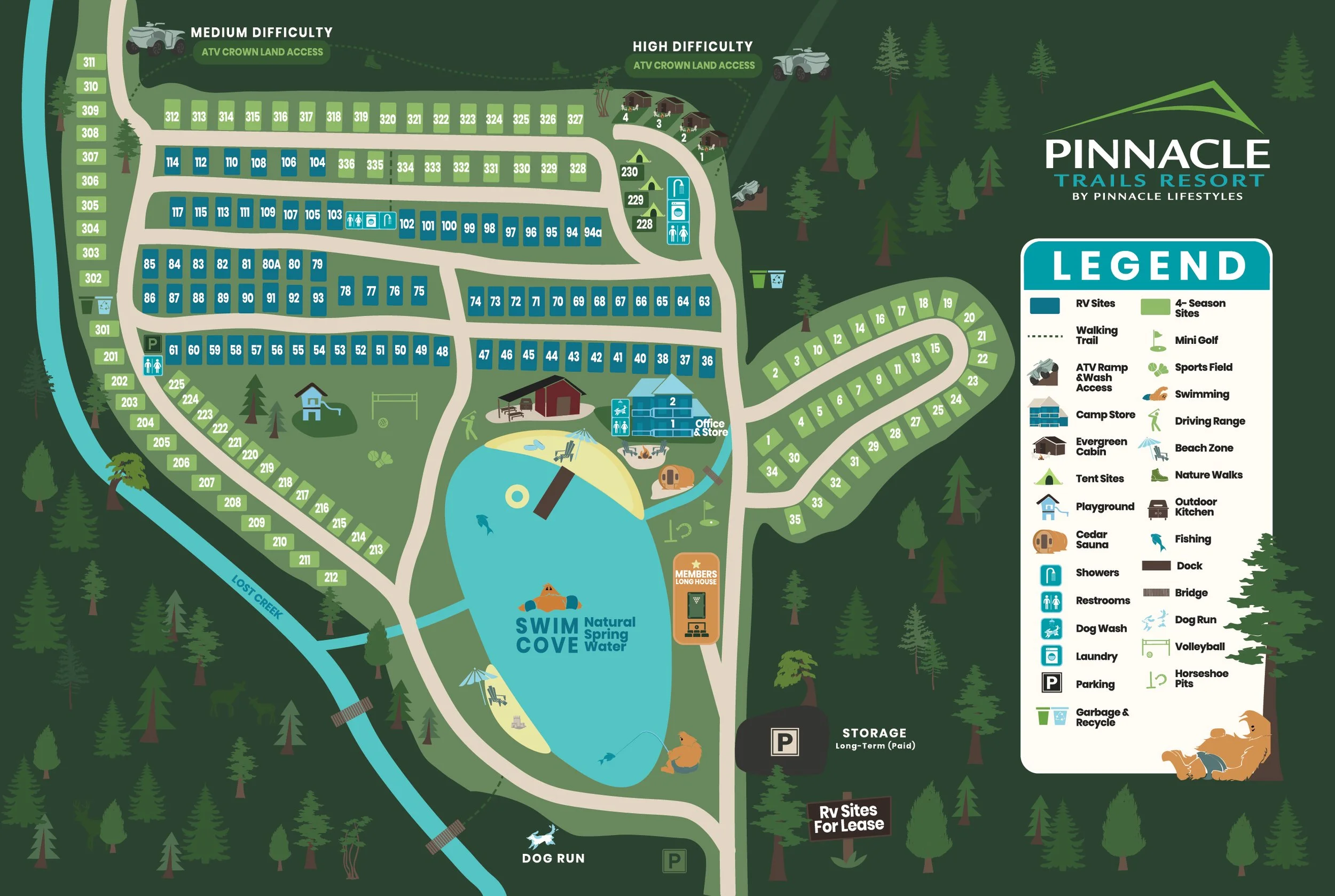 Map of Pinnacle Trails Resort showing RV sites, tent sites, amenities, and natural features like a lake and creek, with Legend for symbols and site numbers.