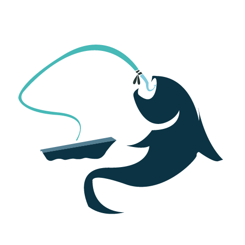A stylized illustration of a fish holding a fishing rod in its mouth.