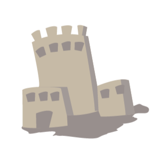 A gray cartoon-style castle with a central round tower and smaller surrounding walls.