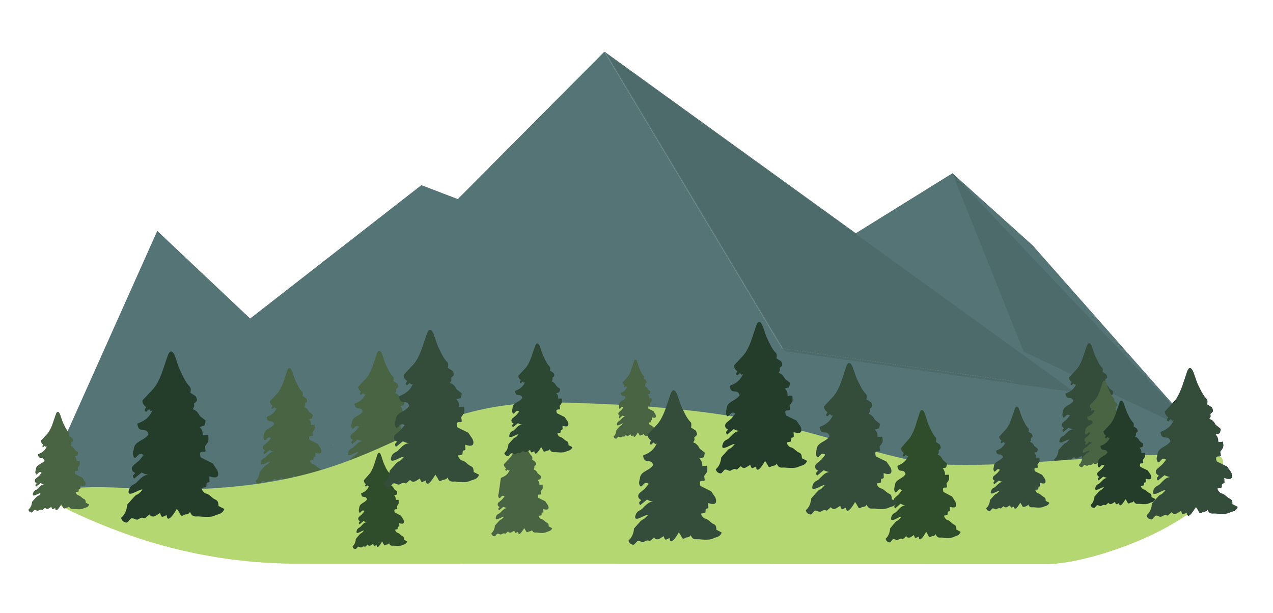 Illustration of a mountain range with trees in the foreground.